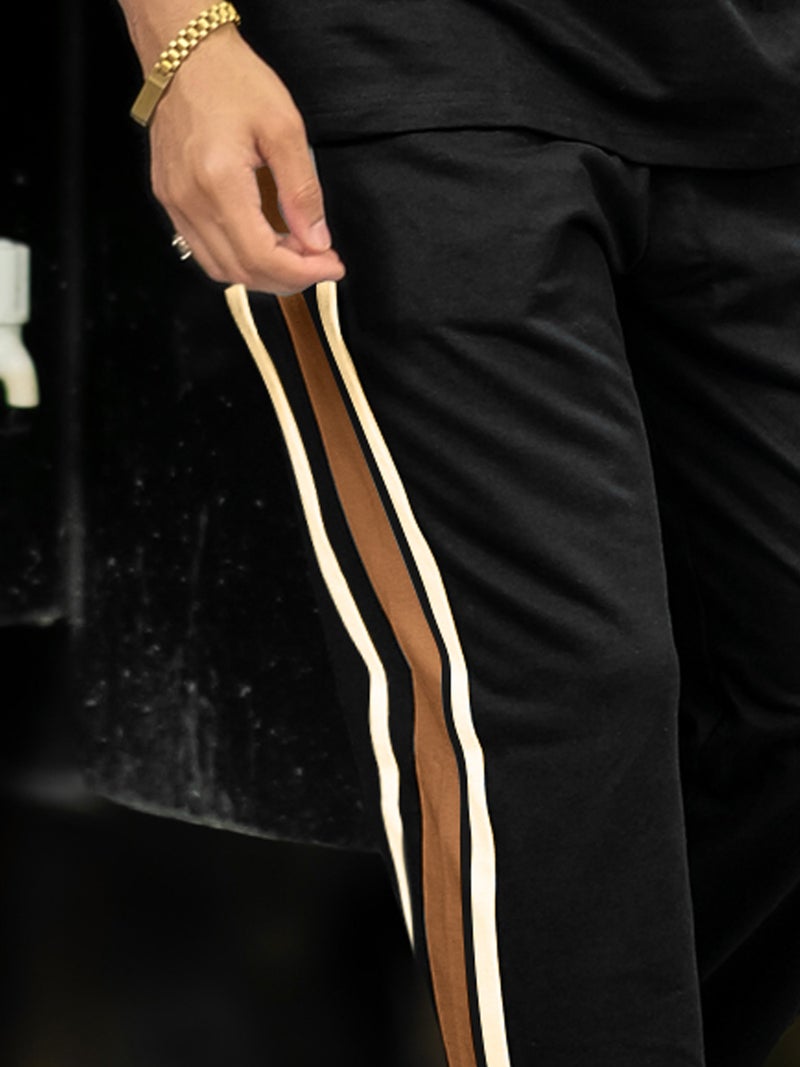 Maniac Mens Colorblock Side Tape Round Neck Half Sleeve Black and Brown Cotton Co-Ords - Image 5